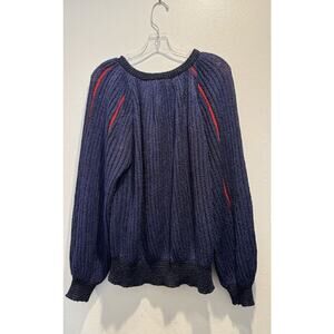 Vintage Brenda French Navy Blue Red Striped Pullover Sweater Artsy Hand Loomed